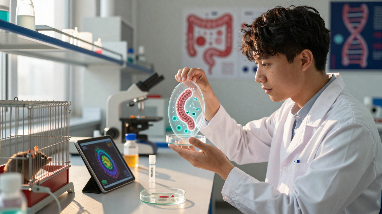 Pesquisador em laboratório analisa amostra em placa de Petri com rato em gaiola ao lado.