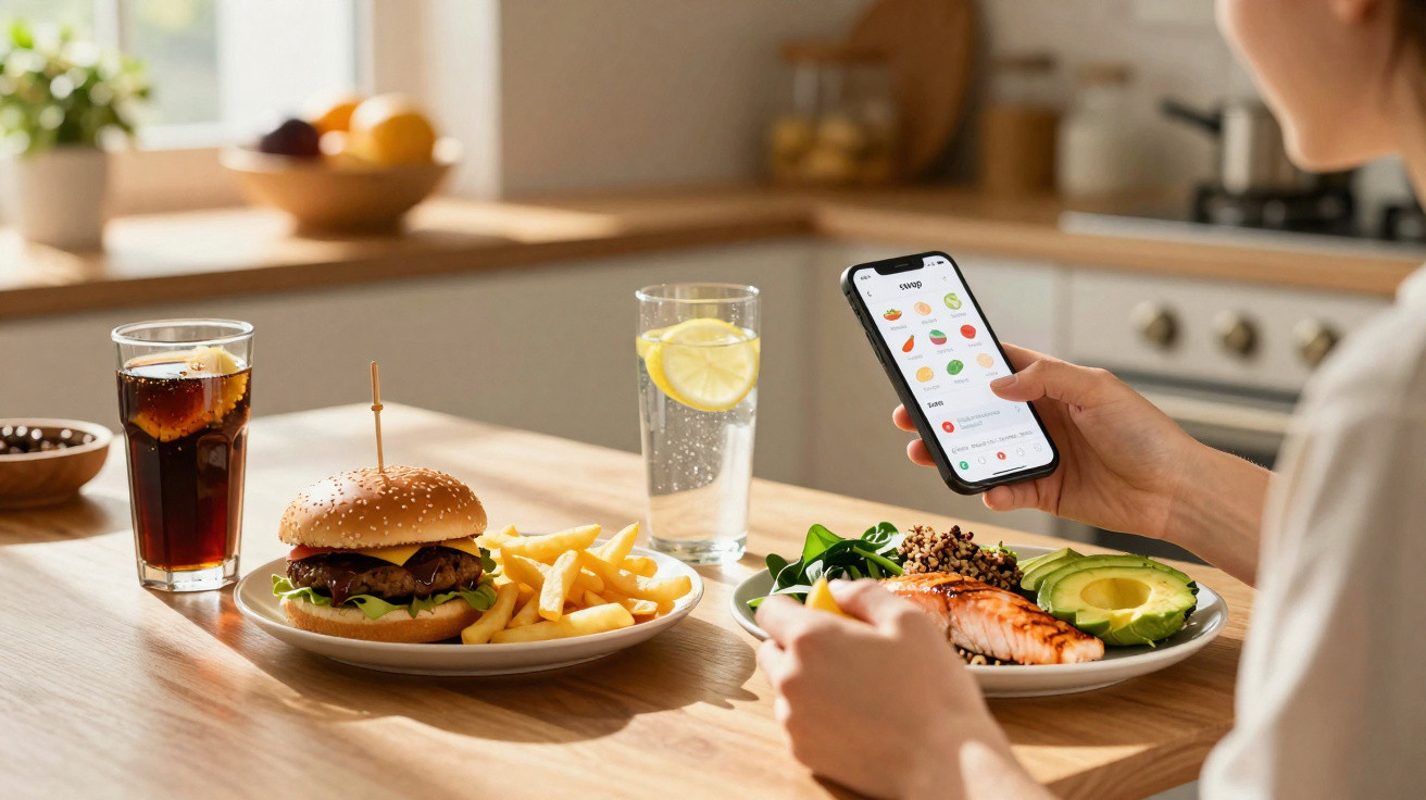 Pessoa segurando celular com aplicativo de comida, ao lado de prato com salmão e abacate e outro com hambúrguer e batata frit