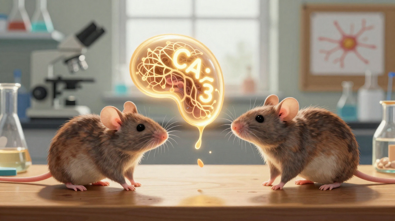 Dois ratos de laboratório em bancada com ilustração de cérebro brilhante e fórmula química CA³ entre eles.