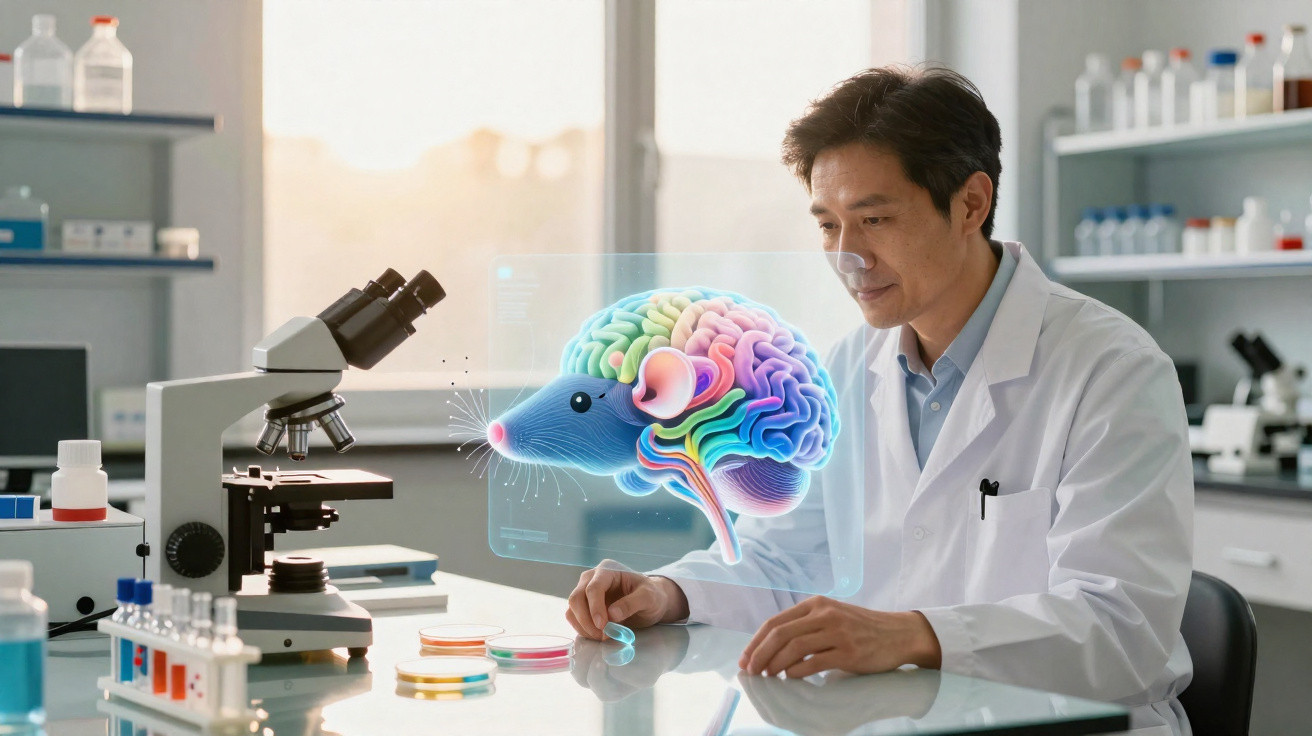Cientista em laboratório observando holograma colorido do cérebro de um rato sobre a mesa.