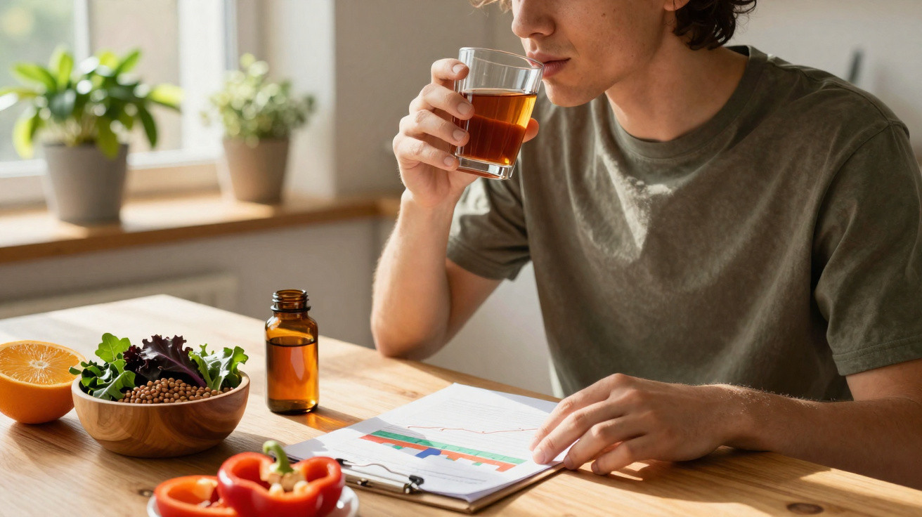 Pessoa jovem bebendo chá em copo enquanto revisa gráficos, com alimentos saudáveis na mesa.