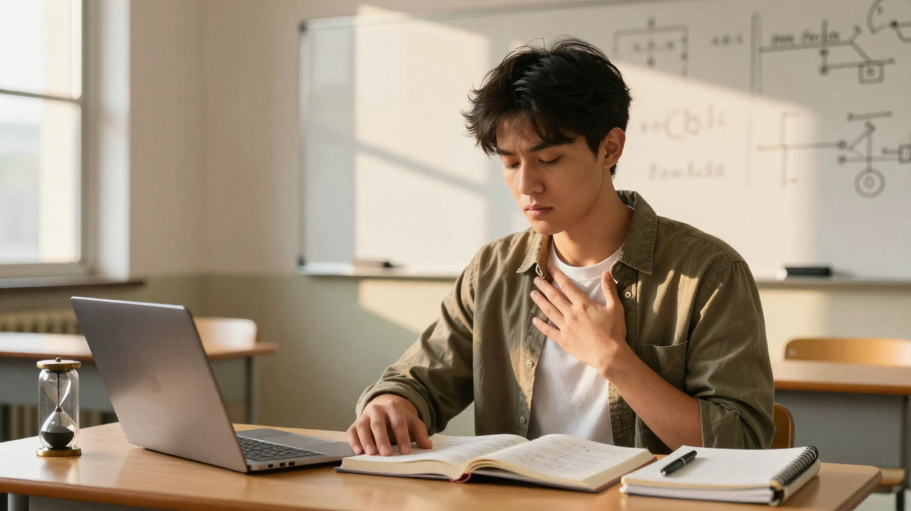 Jovem estudando com livro aberto, laptop e ampulheta sobre mesa em sala iluminada por luz natural.