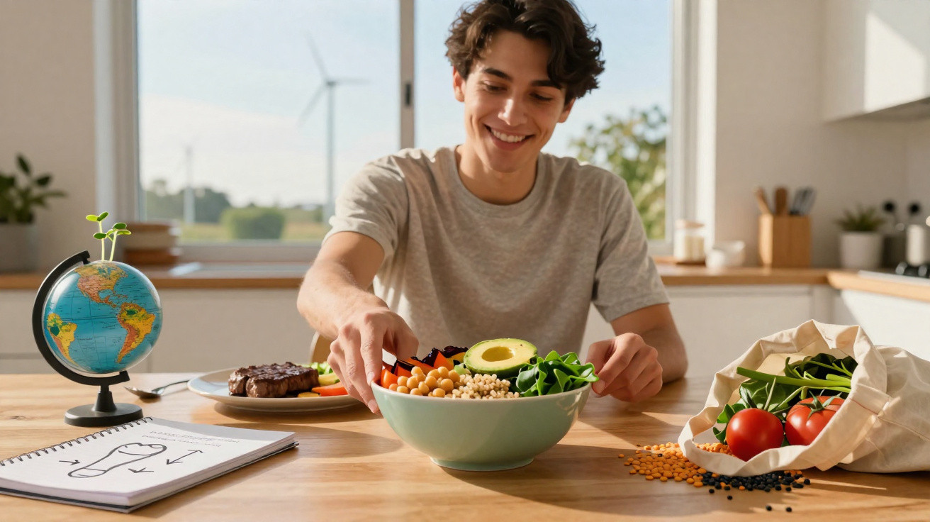 Jovem sorridente preparando salada saudável com leguminosas, abacate e tomates em cozinha iluminada.