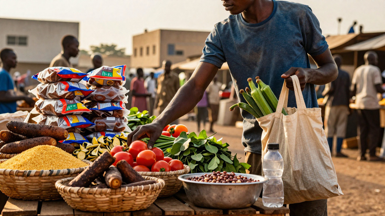 Homem comprando legumes frescos em feira ao ar livre em local ensolarado.