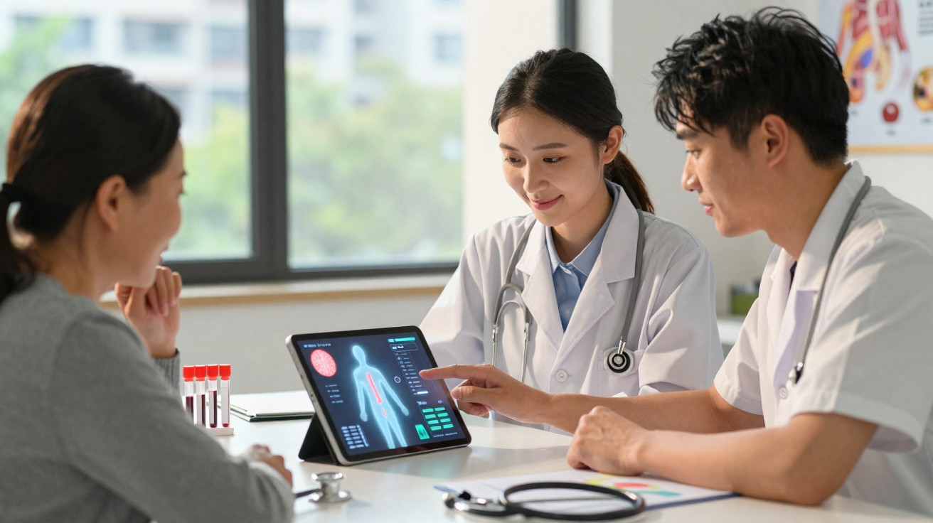 Dois médicos revisando exames em tablet enquanto conversam com paciente em consultório iluminado.