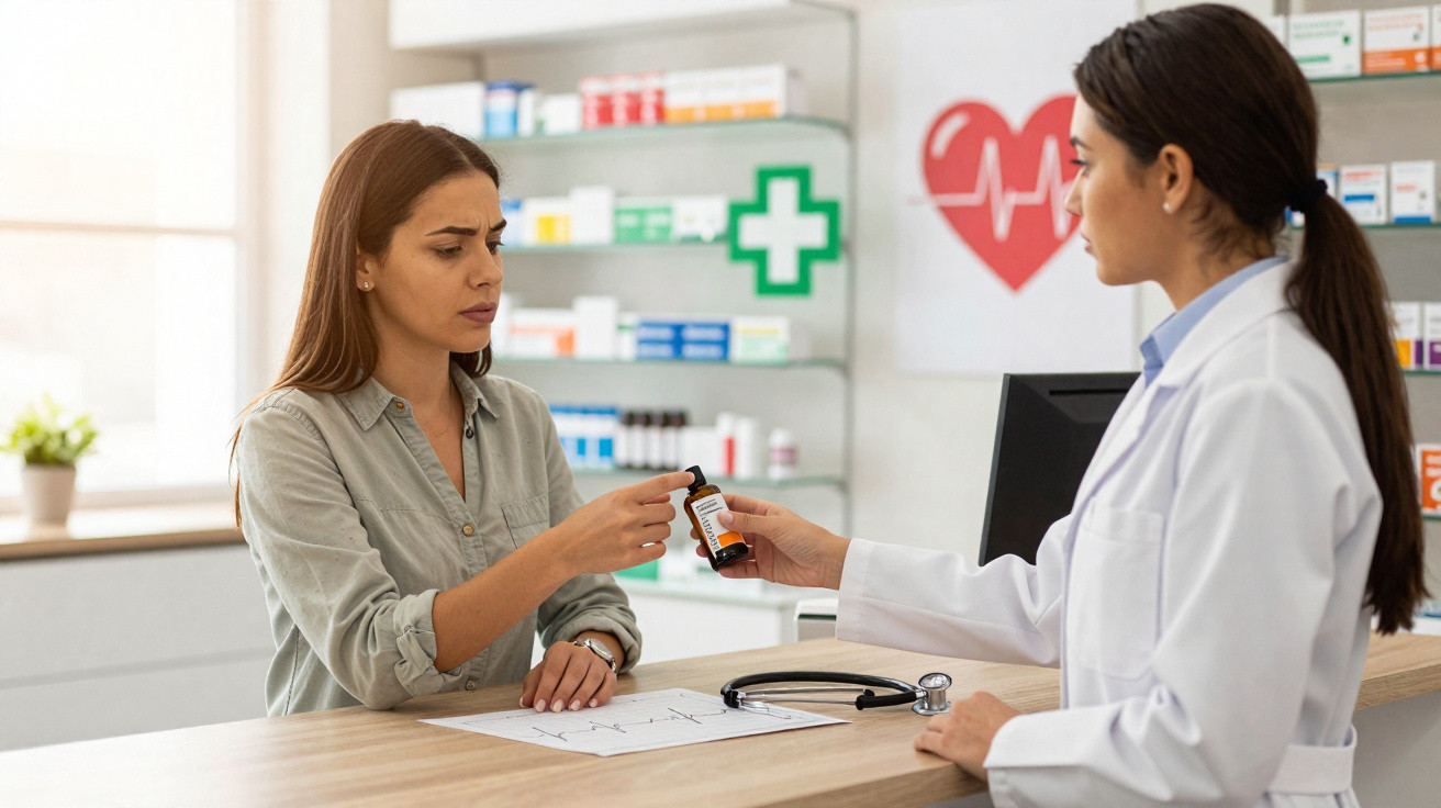 Mulher recebendo medicamento de farmacêutica em farmácia com prateleiras ao fundo.