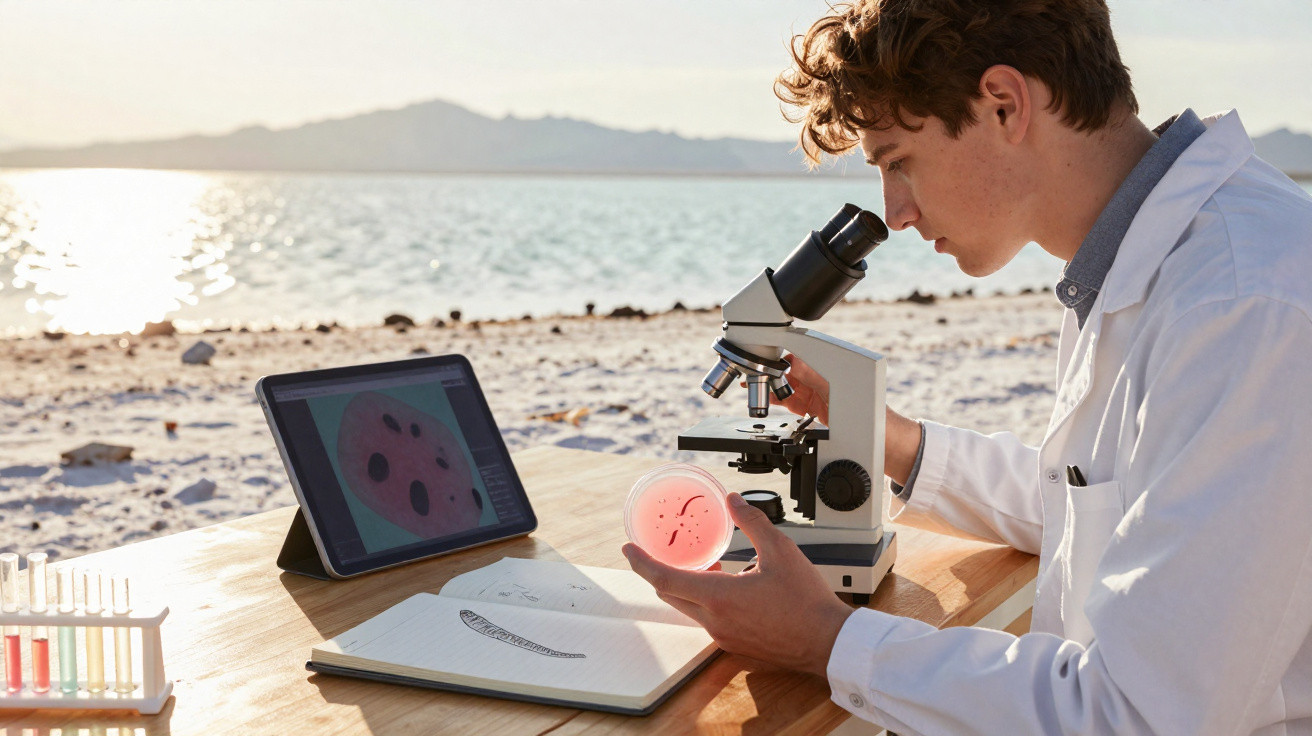 Jovem cientista com jaleco analisa amostra em lâmina no microscópio à beira-mar com tablet e caderno na mesa.