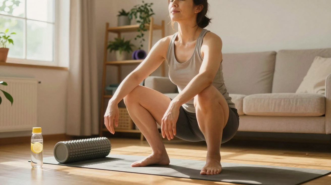 Mulher fazendo agachamento em tapete de yoga na sala, ao lado de rolo de massagem e garrafa de água.
