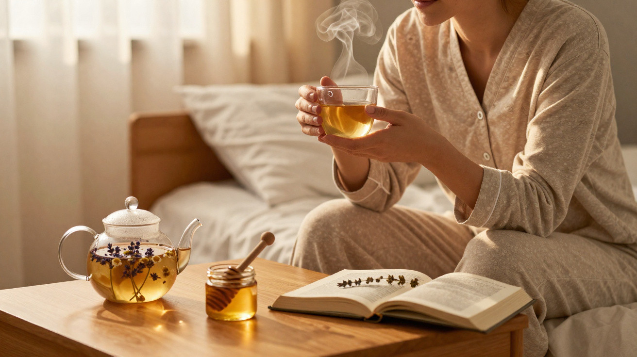 Mulher de pijama segurando xícara de chá quente, com livro aberto, pote de mel e bule sobre mesa de madeira.