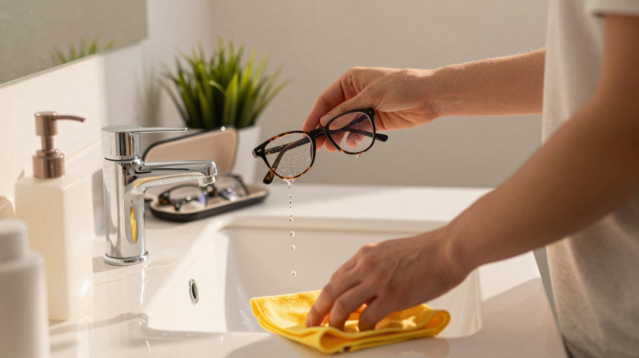 Pessoa lavando óculos e secando com pano amarelo em pia de banheiro.