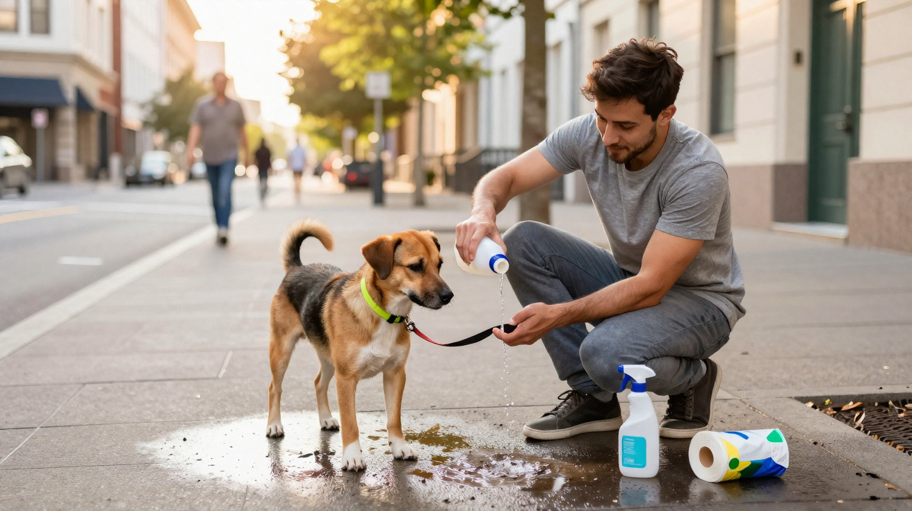 Homem jovem cuidando de cachorro na calçada, despejando água nas patas do animal.