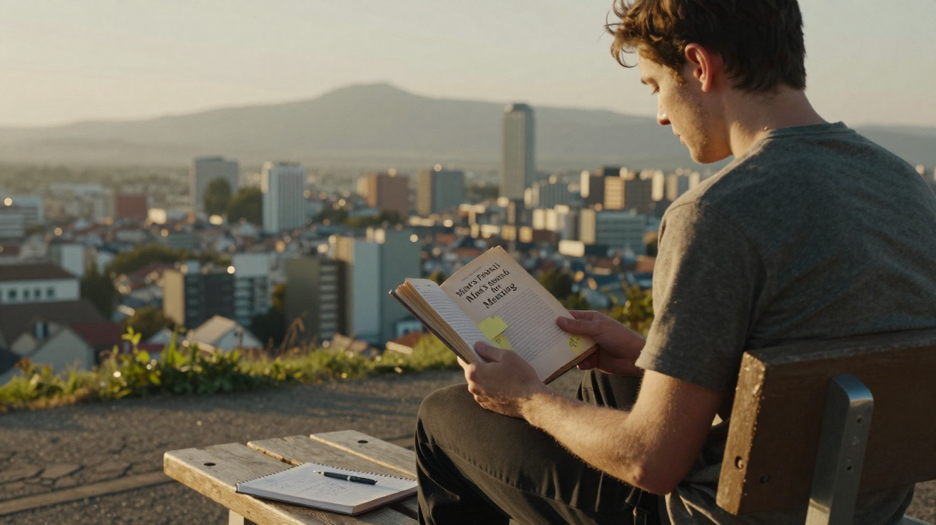 Jovem sentado em banco ao ar livre lendo um livro com cidade e montanhas ao fundo ao entardecer.