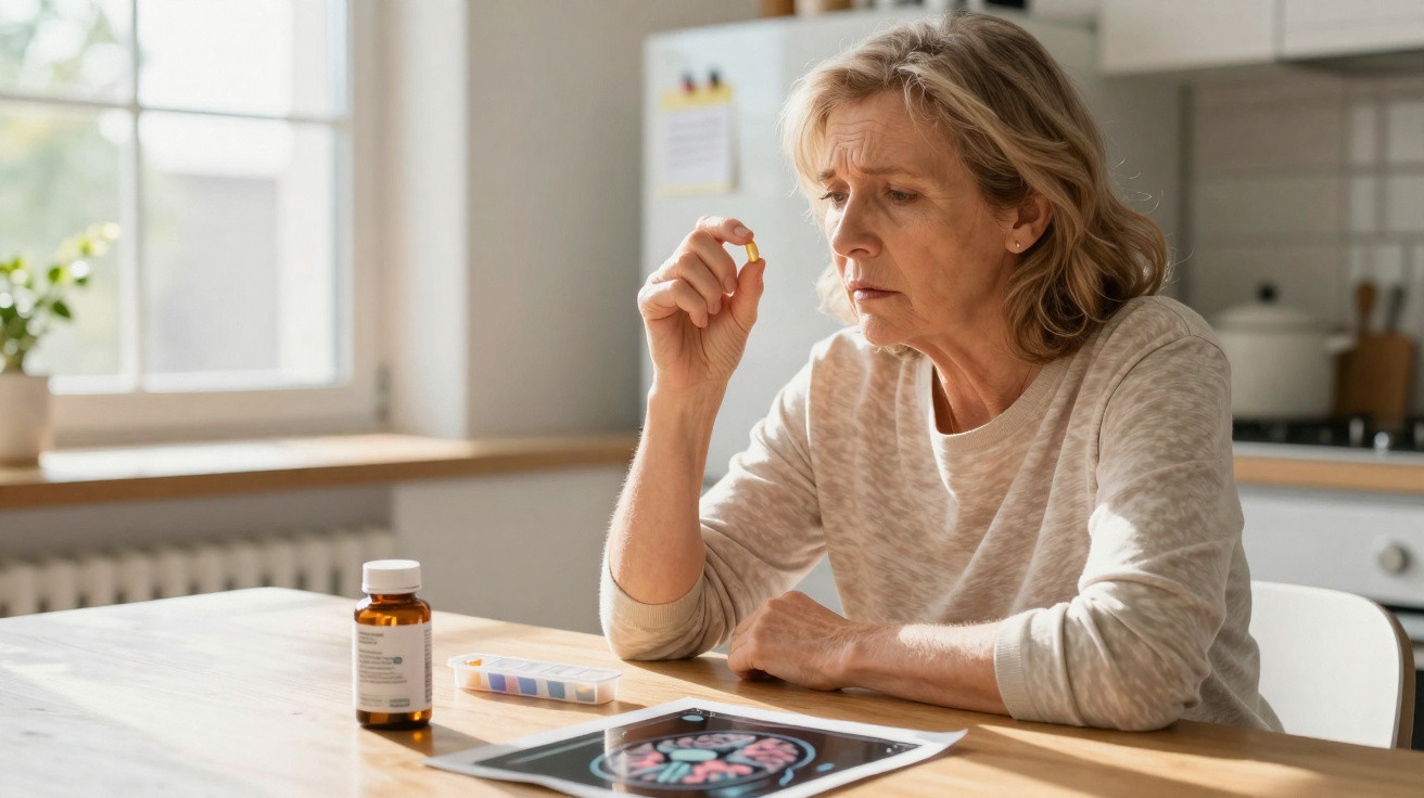 Mulher idosa segurando comprimido, olhando preocupada, sentada à mesa com remédios e imagem cerebral.
