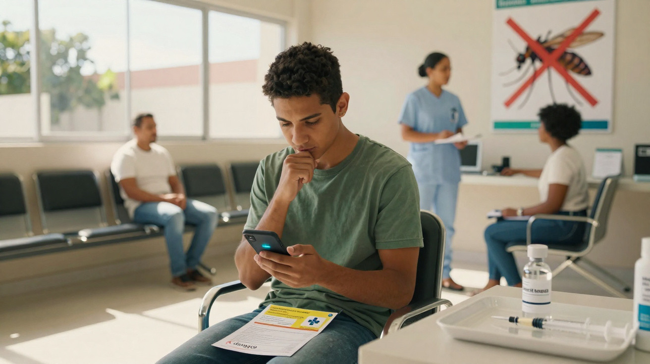 Homem sentado em clínica olhando telefone com folheto, ao fundo outras pessoas e profissional de saúde.