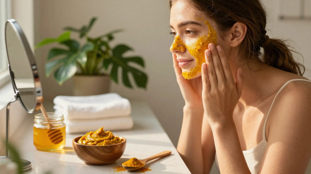Mulher aplicando máscara facial caseira amarela, com pote de mel e especiarias na frente, em ambiente iluminado.