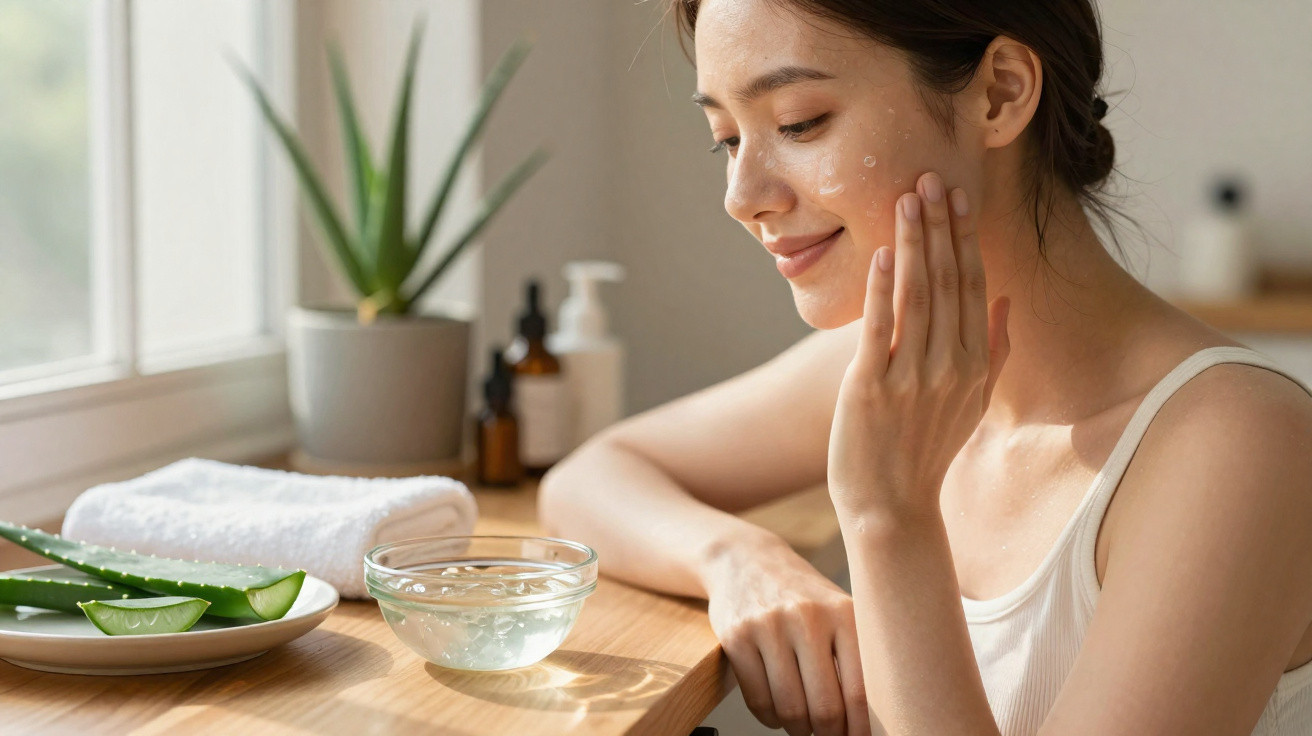 Mulher aplicando creme facial sentada em mesa com planta, toalha e gel de aloe vera em pote vidro.