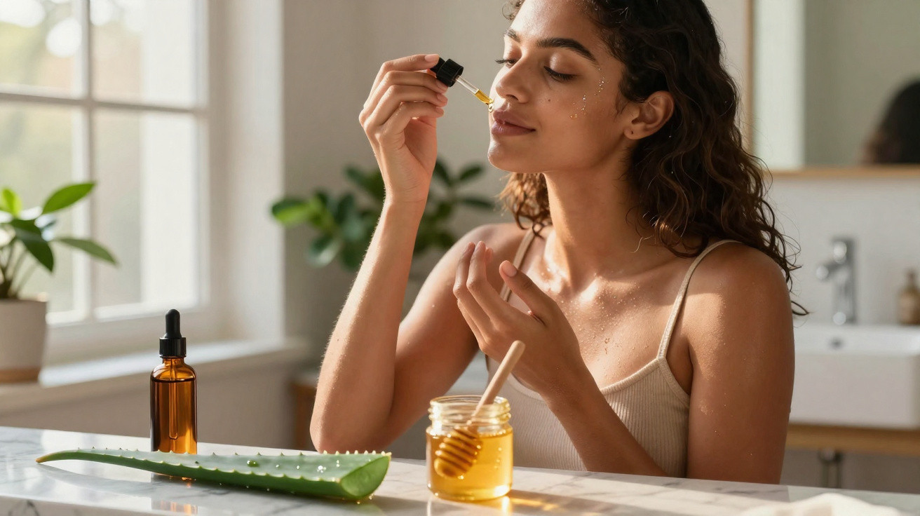 Mulher aplicando sérum facial em ambiente claro com aloe vera, mel e plantas ao fundo.