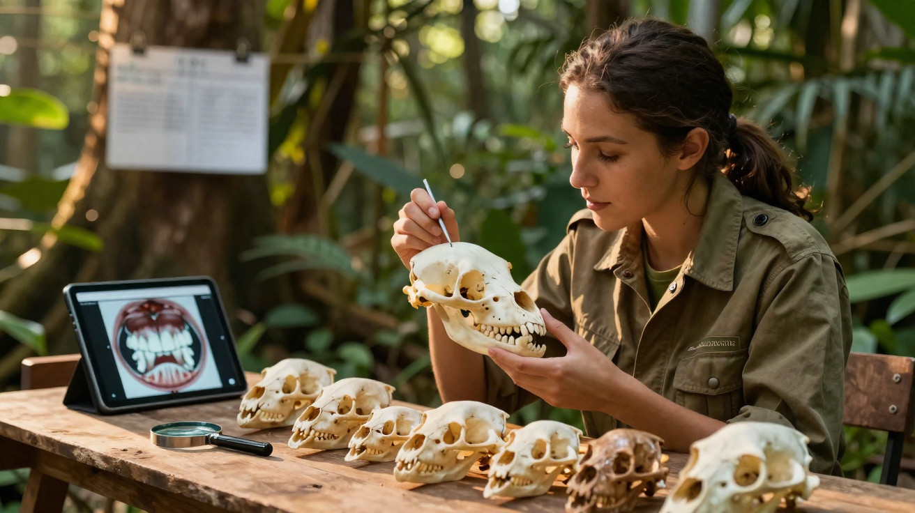 Mulher examinando crânios de animais em mesa de madeira, com tablet e lupa ao lado, em ambiente natural.