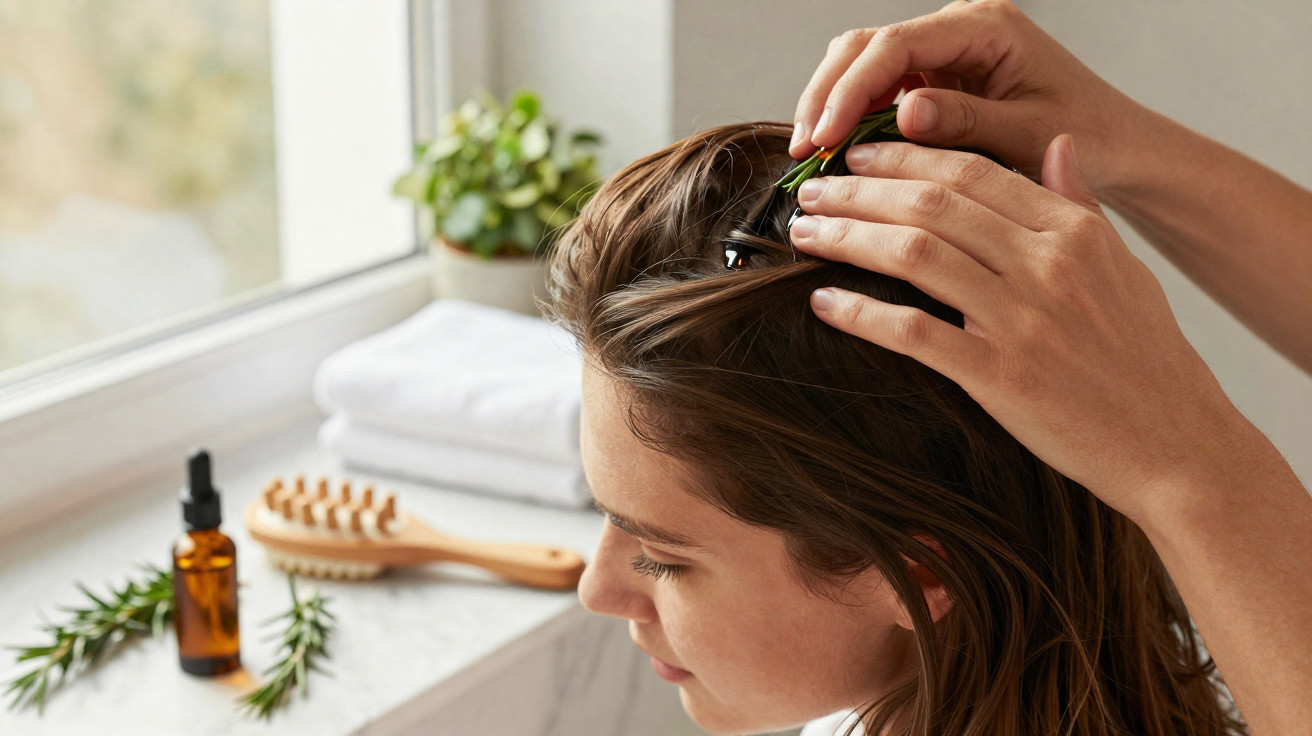 Pessoa aplicando óleo capilar com conta-gotas no cabelo próximo a frascos e pente.