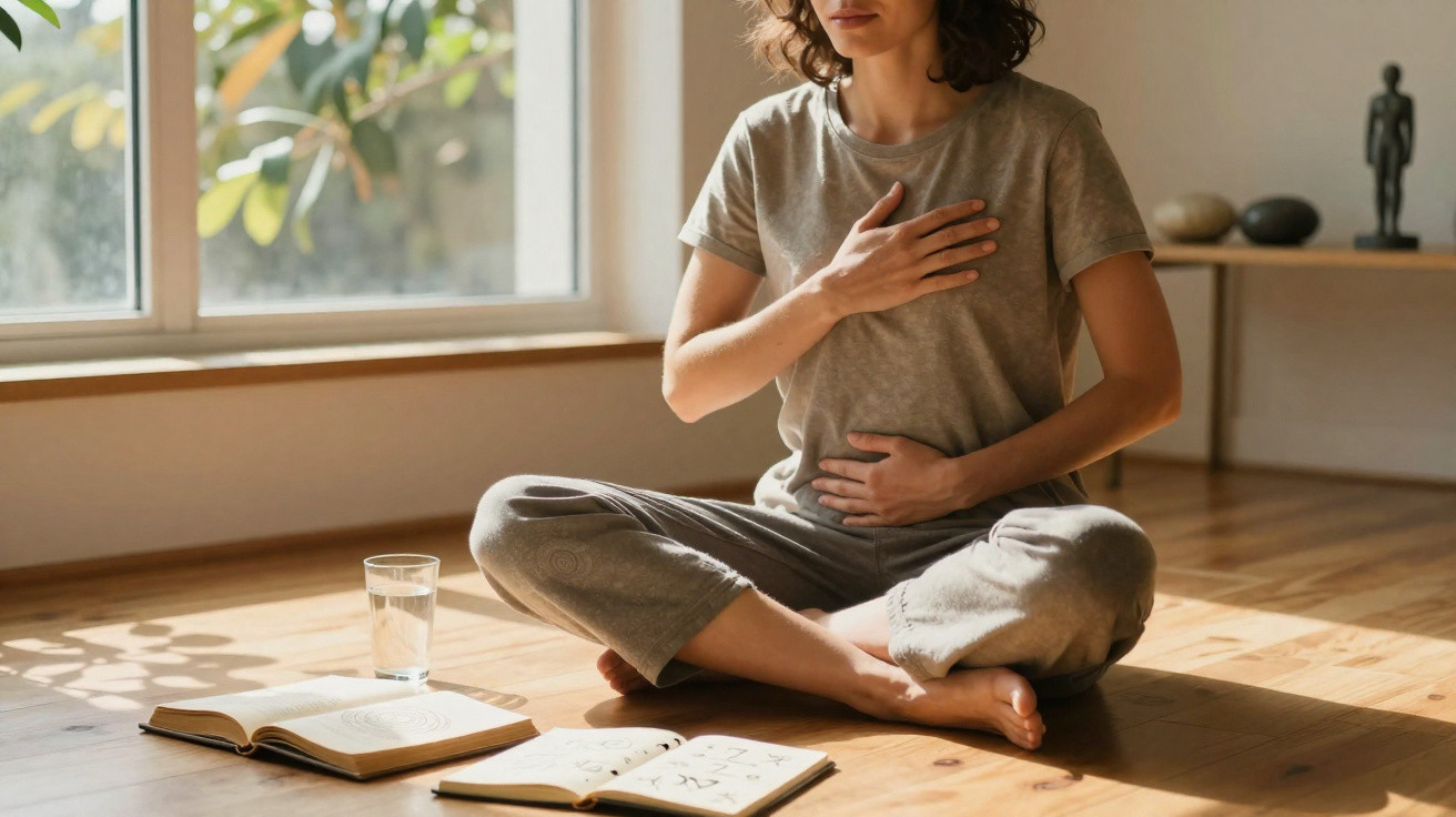 Pessoa sentada no chão em posição de meditação com uma mão no peito e outra na barriga, livros e copo d'água à frente.