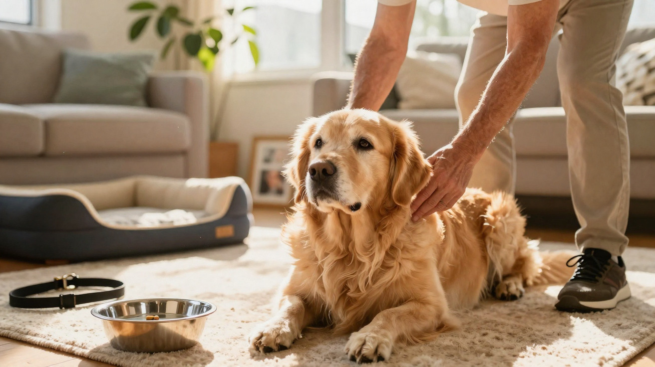 Cachorro golden retriever deitado em tapete com dono fazendo carinho em casa iluminada.