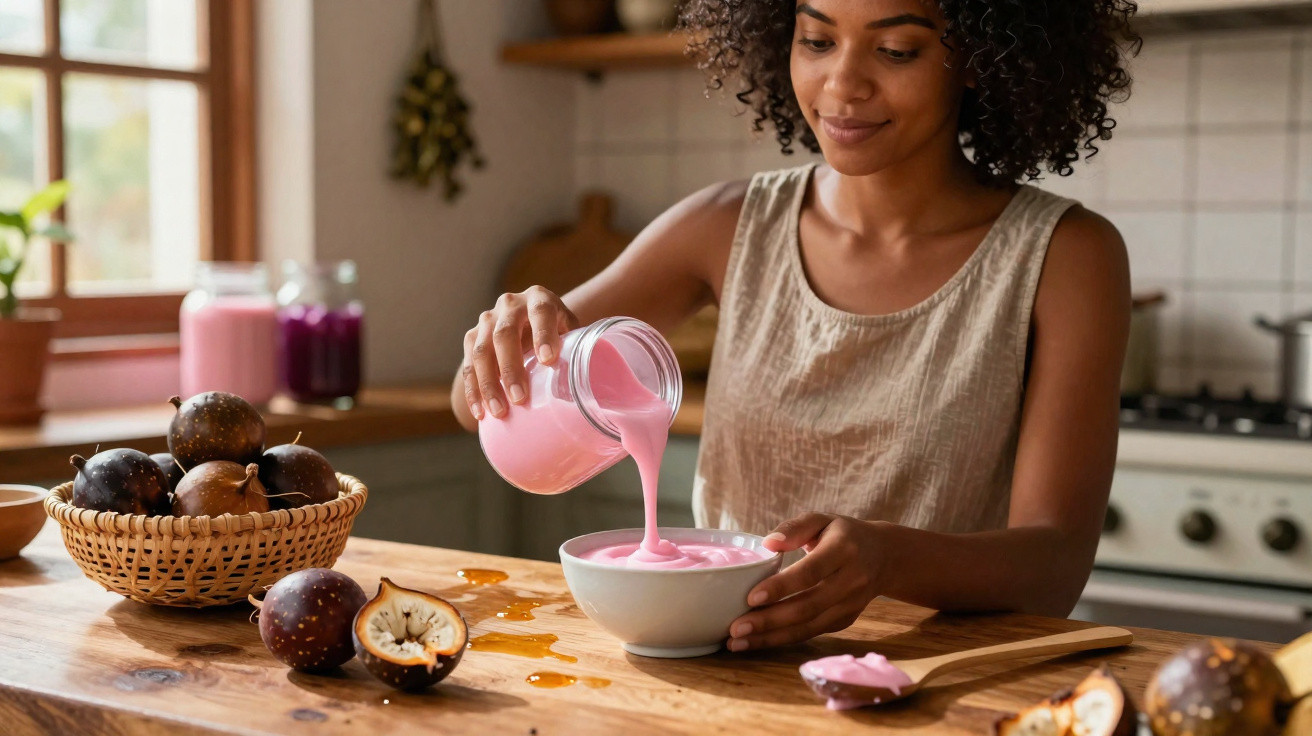 Mulher sorrindo despeja iogurte rosa em tigela na cozinha com maracujás na bancada.
