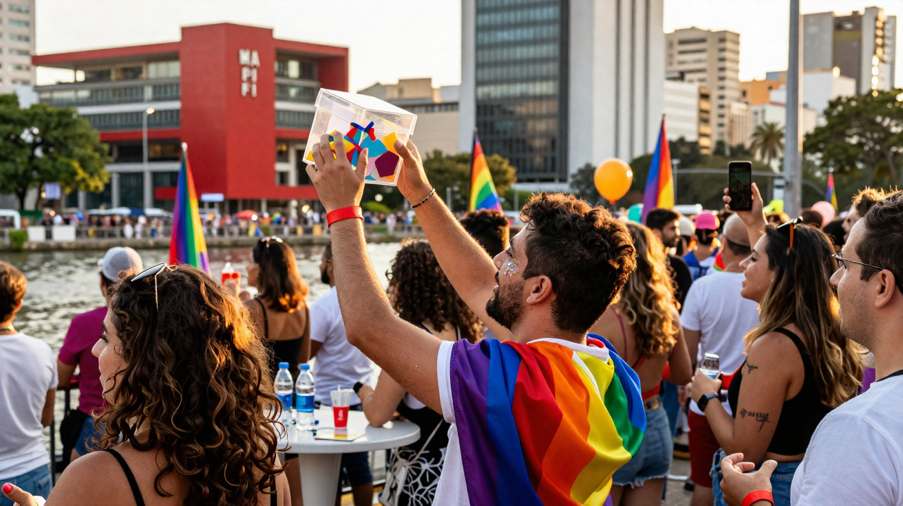 Pessoas em evento ao ar livre com bandeiras LGBTQIA+ e prédios ao fundo durante o pôr do sol.