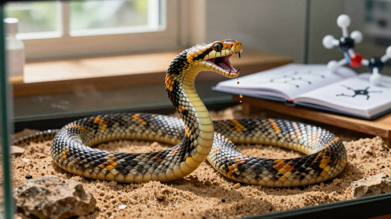 Cobra colorida com boca aberta e gotas caindo em terrário com areia e livro aberto ao fundo.