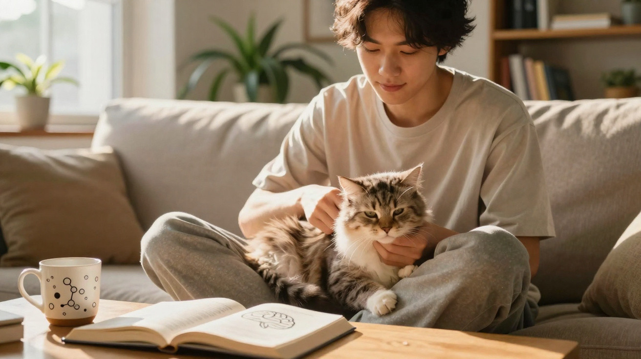 Jovem sentado no sofá acariciando um gato cinza, com livro aberto e caneca sobre a mesa à frente.
