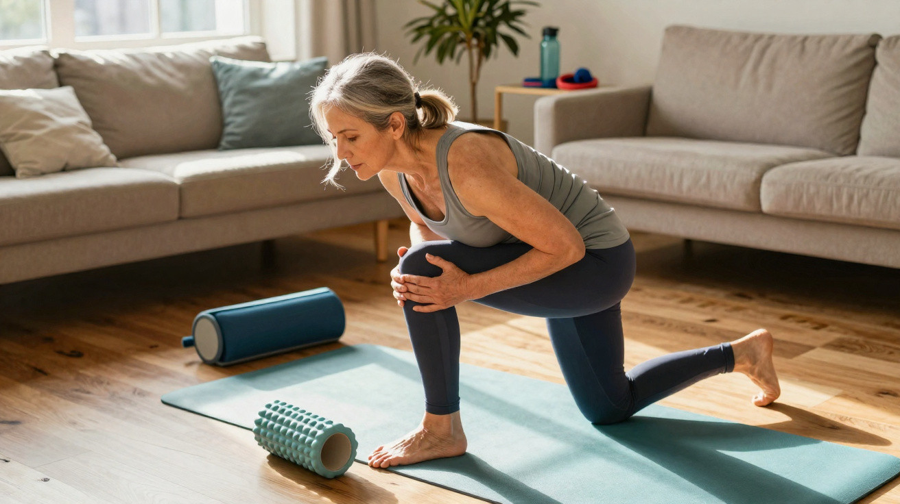 Mulher madura praticando alongamento em tapete de yoga na sala de estar iluminada e aconchegante.
