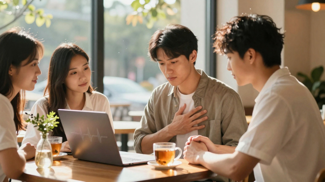 Quatro jovens sentados em volta de uma mesa com notebook e chá em ambiente iluminado por luz natural.
