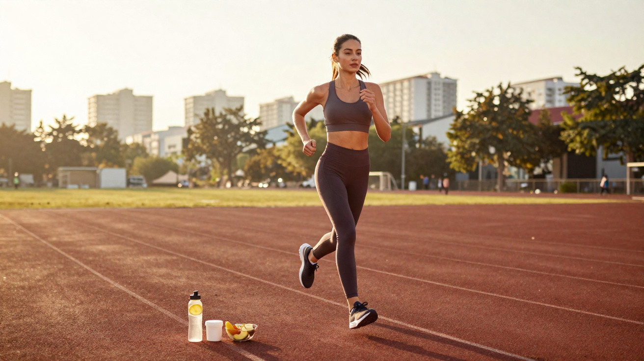Mulher correndo em pista de atletismo ao ar livre com garrafa de água e frutas no chão.