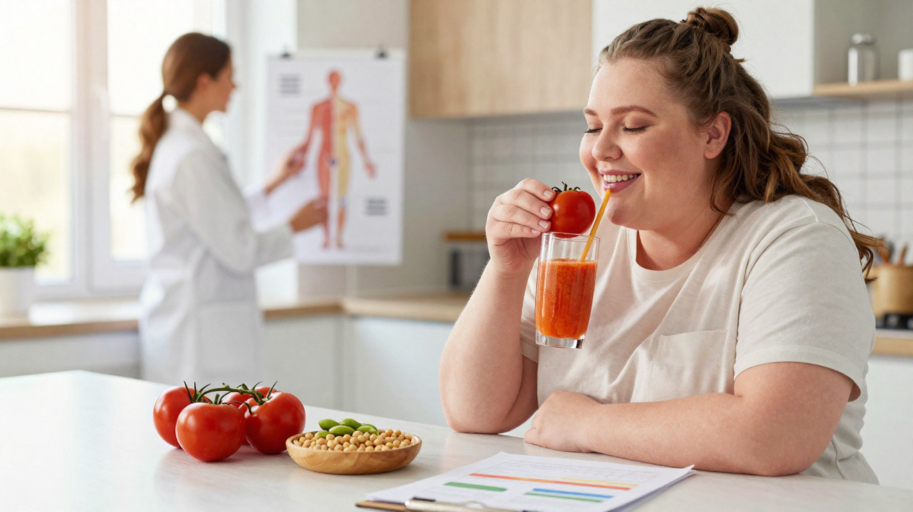Mulher sorrindo bebendo suco de tomate com nutricionista ao fundo em consultório de saúde.