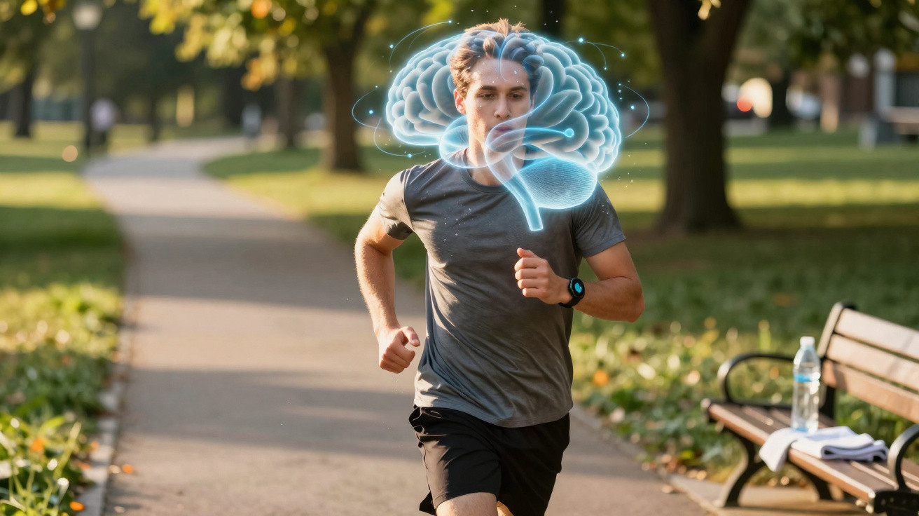 Homem correndo no parque com ilustração digital de cérebro acima da cabeça representando saúde mental.