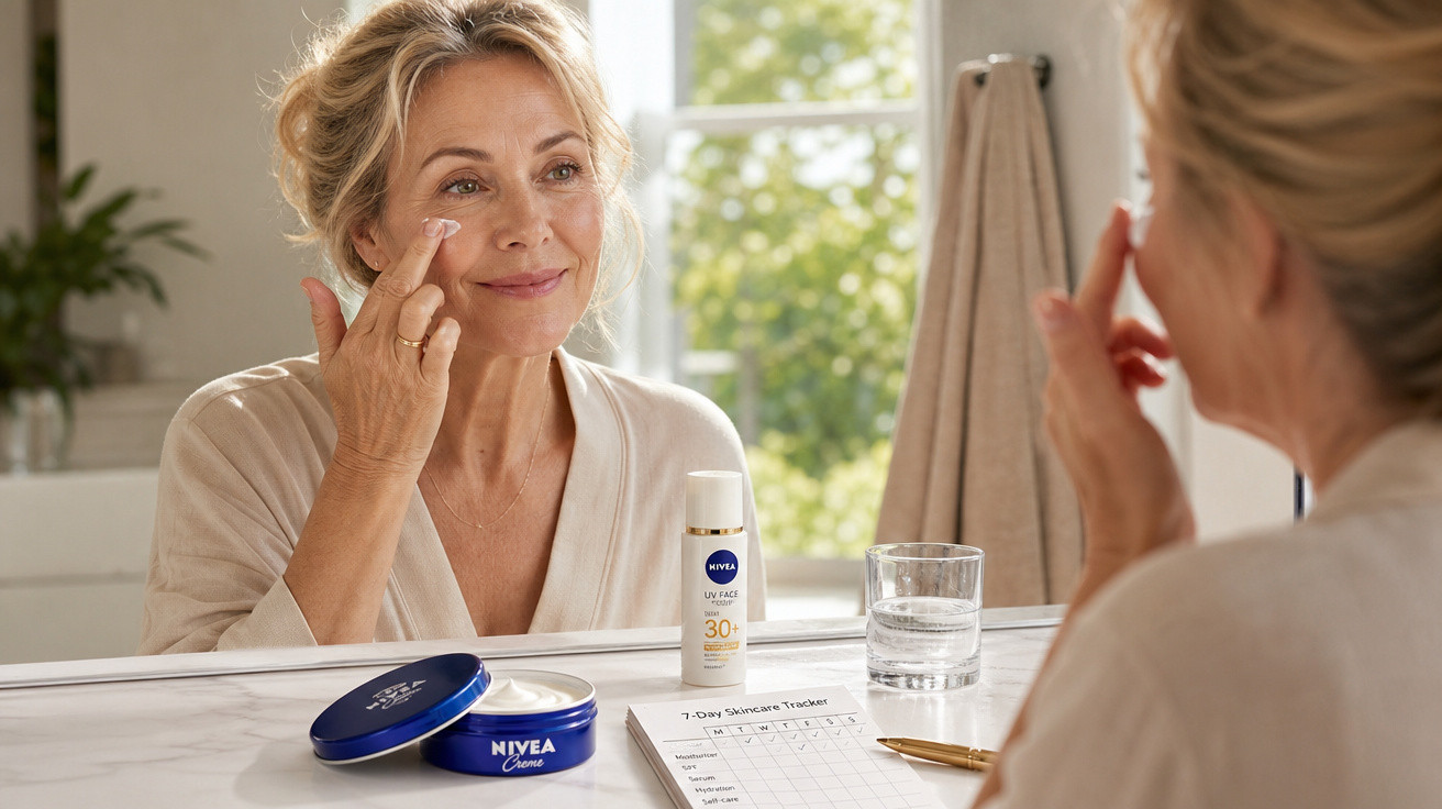 Mulher aplica creme anti-idade no rosto em frente ao espelho, com produtos Nivea sobre a bancada.