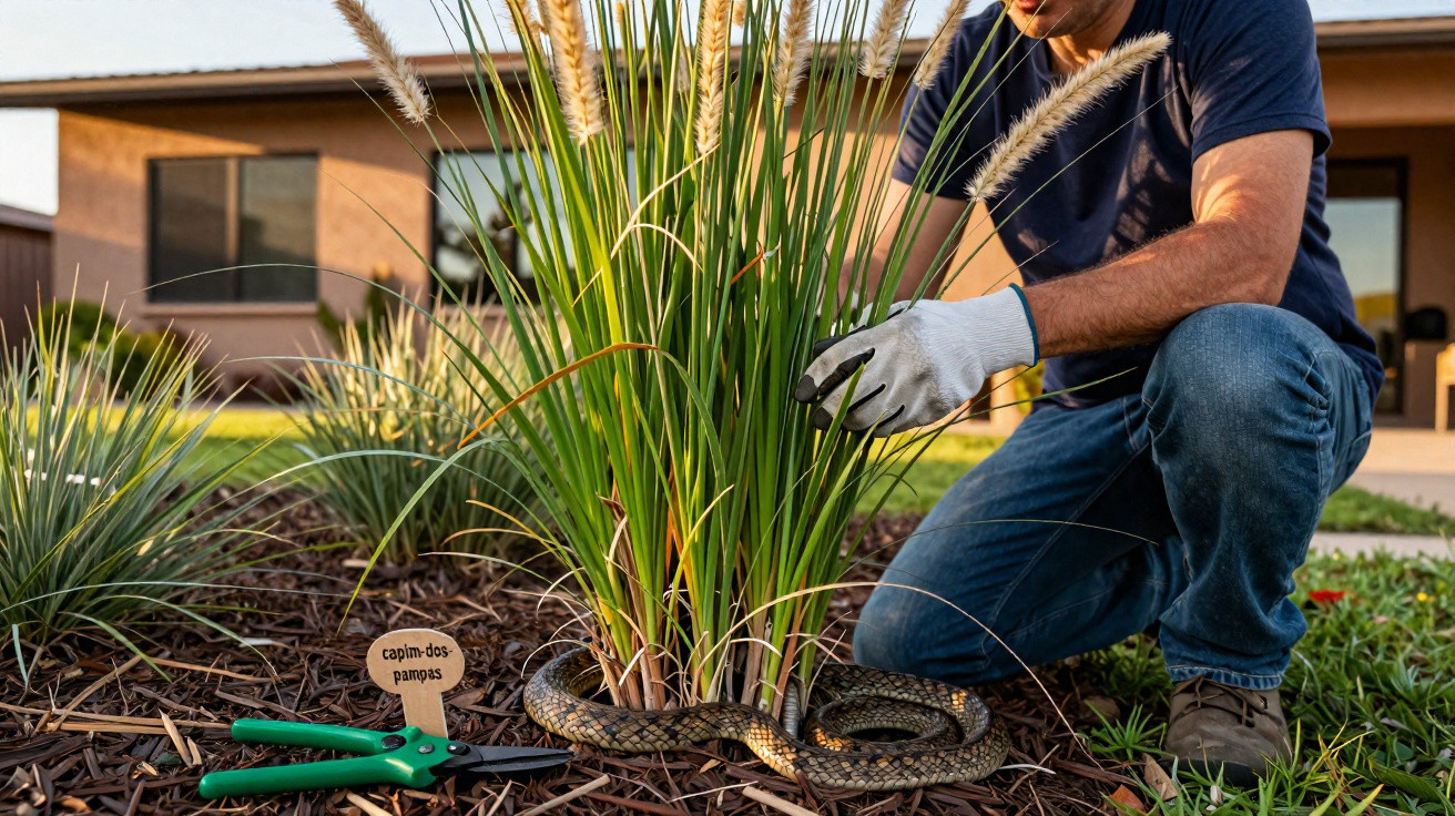 Pessoa agachada próximo a planta capim-dos-pampas com cobra enrolada no tronco, em jardim residencial.