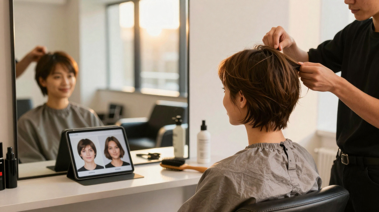 Mulher com cabelo curto sentada no salão de beleza enquanto cabeleireiro arruma seu cabelo.