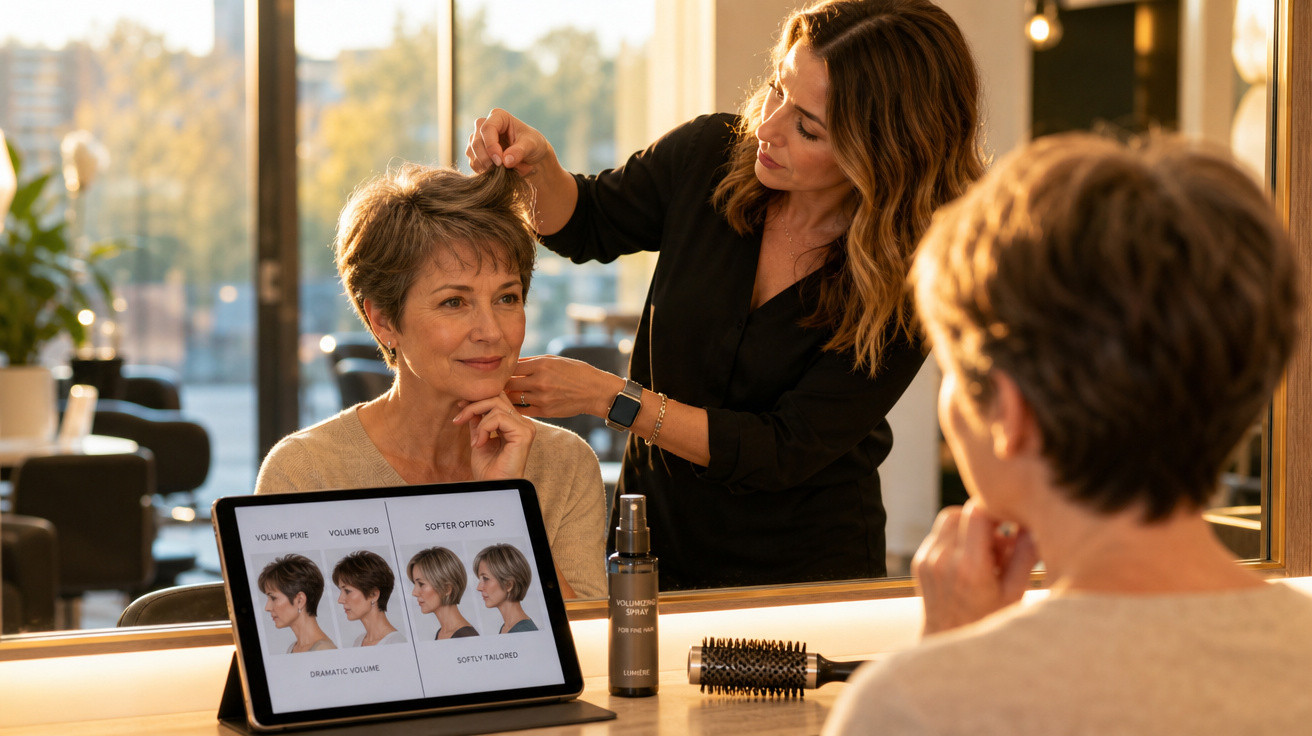 Mulher em salão de beleza testando cortes de cabelo curtos com ajuda de cabeleireira e tablet.