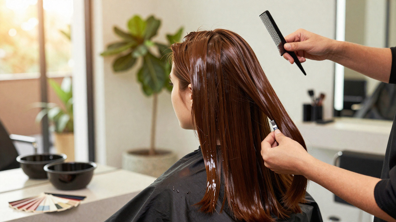 Mulher recebendo aplicação de tratamento capilar em salão de beleza, cabelo sendo penteado com produto.