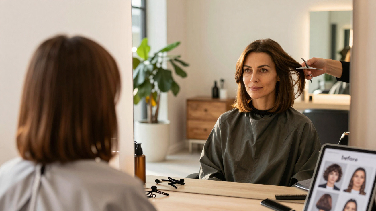 Mulher loira de cabelo médio sentada em cadeira de salão, sendo cortada por cabeleireira, olhando no espelho.