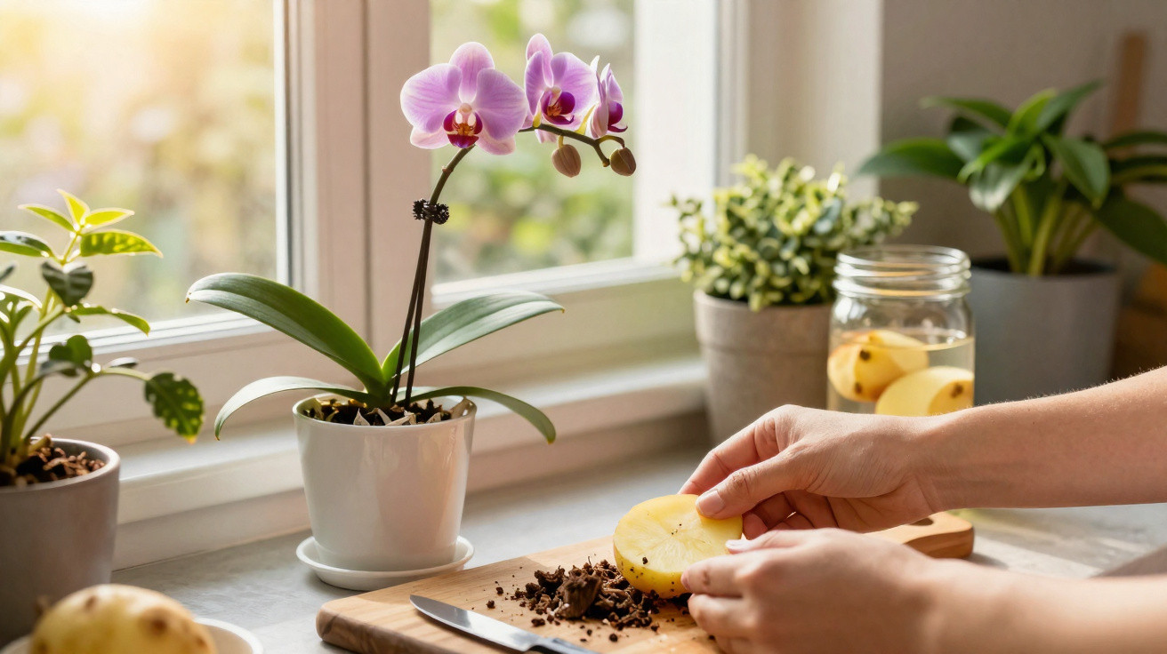 Mãos cortando batata em tábua na cozinha com vaso de orquídea e plantas ao fundo na janela.