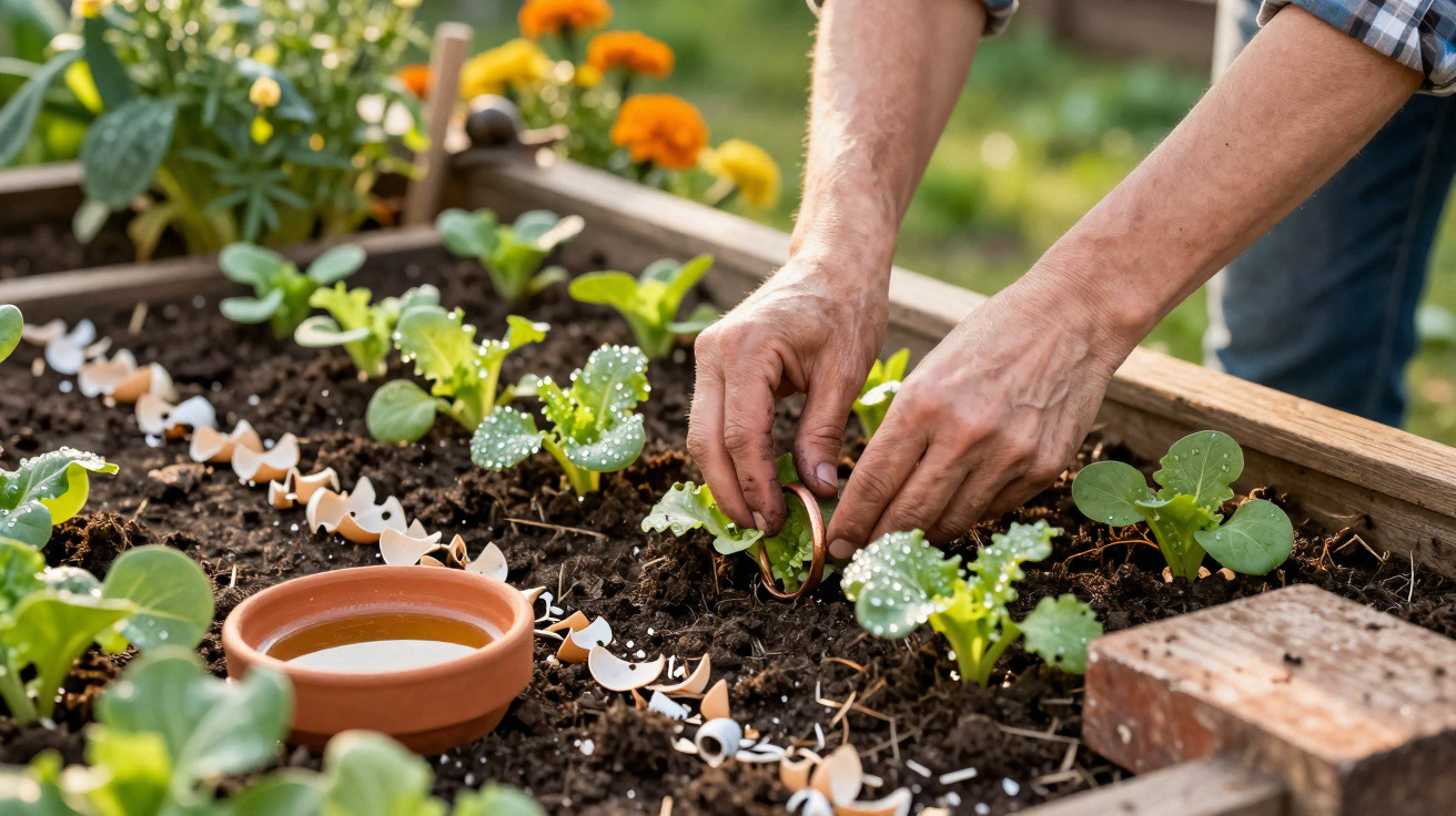 Mãos plantando mudas em canteiro com terra, folhas verdes e cascas de ovos como adubo.