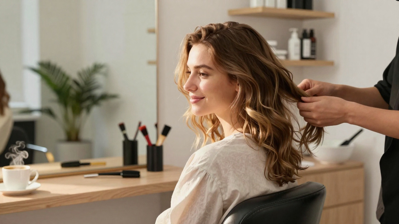 Mulher sorrindo sentada em salão de beleza enquanto profissional arruma seu cabelo loiro ondulado.