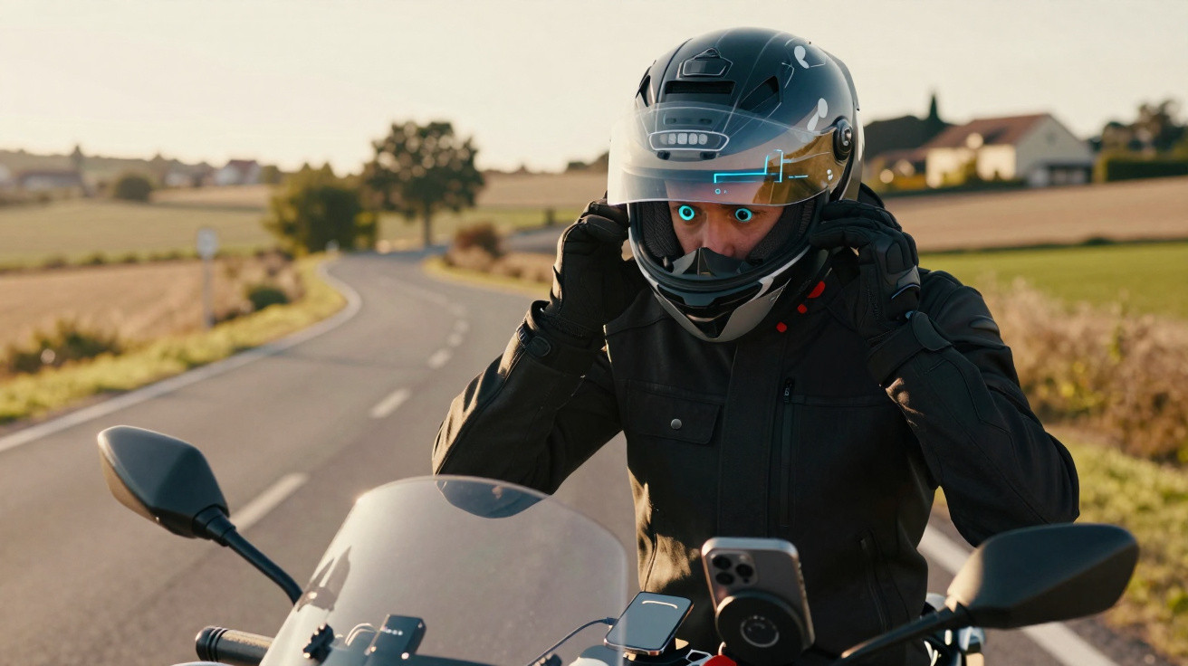 Motociclista com capacete tecnológico ajustando a viseira, na estrada rural ao entardecer.