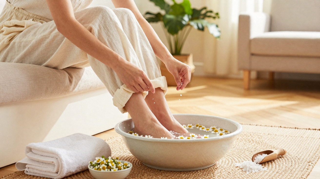 Pessoa relaxando com os pés em uma bacia com água e flores, ao lado de toalhas e sais de banho.