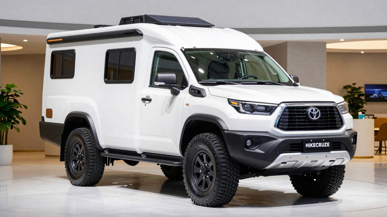 Veículo off-road branco Toyota Hikecruze com carroceria de motorhome exibe pneus enormes e teto solar.