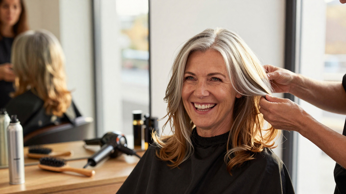 Mulher sorridente com cabelo grisalho sendo penteada em salão de beleza, com espelho ao fundo.