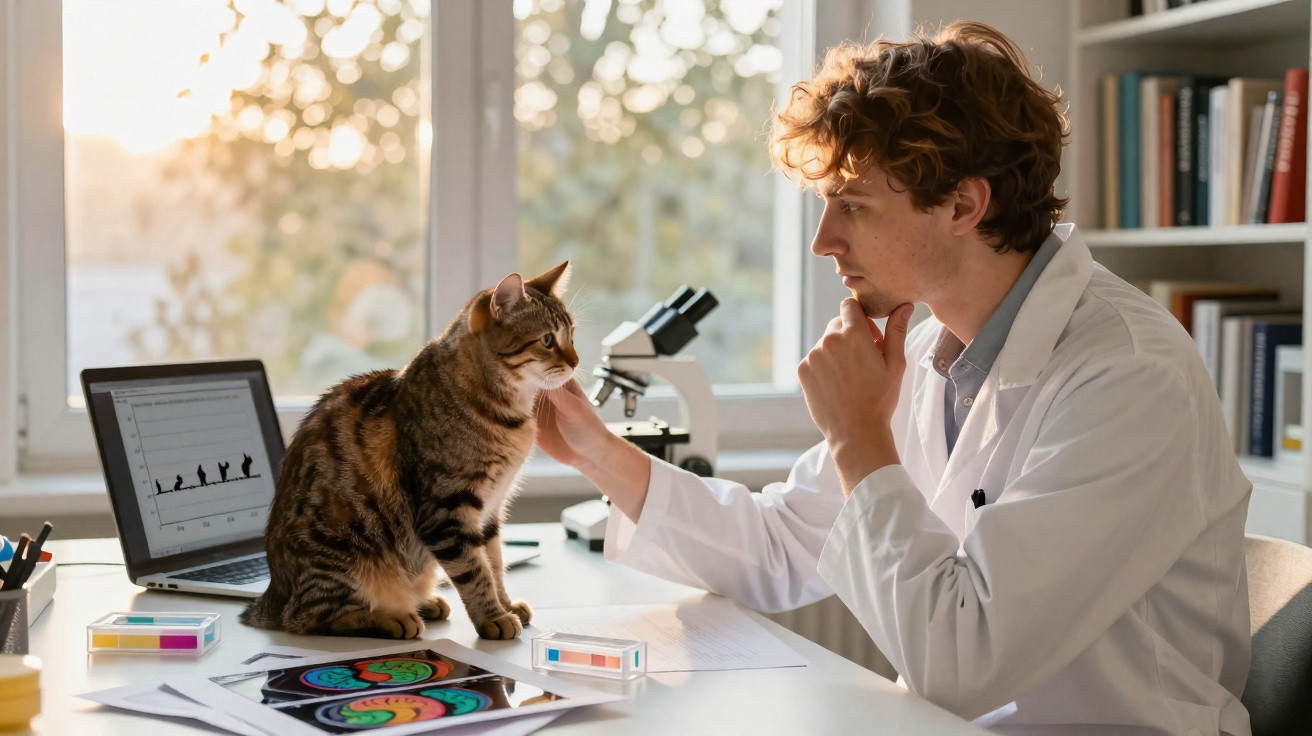 Cientista em jaleco branco acaricia gato sentado em mesa de laboratório com laptop e microscópio ao fundo.