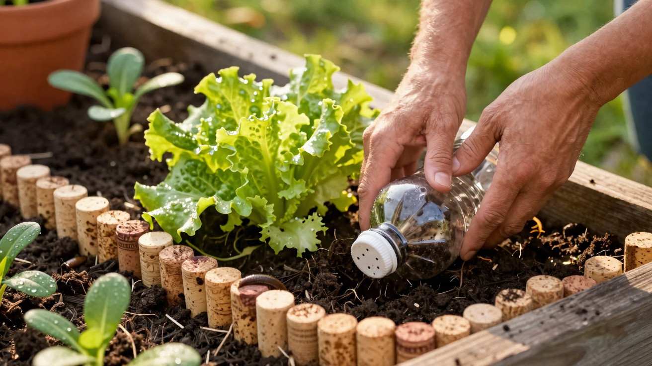 Mãos usando garrafa pet furada para regar plantas em horta com alface e limite de rolhas.