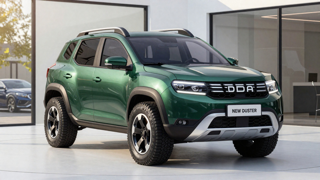 SUV verde escuro New Duster estacionado em ambiente moderno com vidros e piso claro.